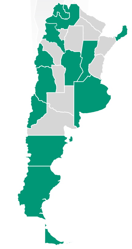 Mapa de argentina donde se ven marcadas en color verde todas las provincias donde se encuentran las bases de Poberaj SA.